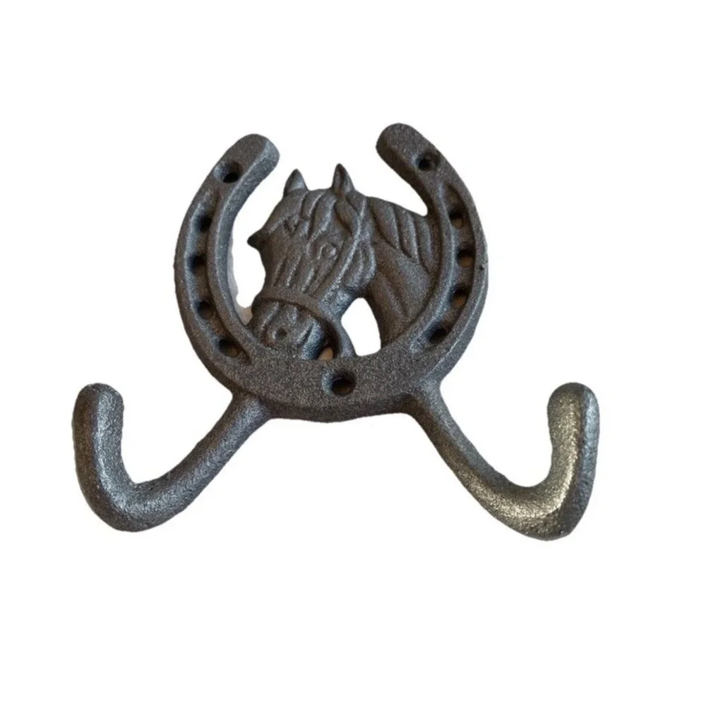 Silver Toned Cast Iron Horse Head Horseshoe Wall Coat Hook Rustic Western Ranch